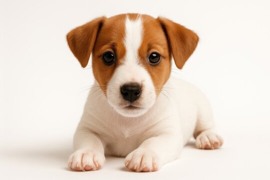 Young Jack Russell puppy resting on a plain white surface