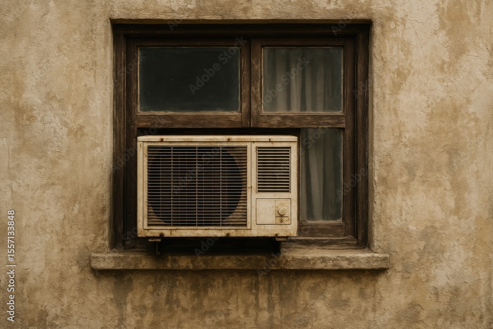 Poster an outdated air conditioning unit installed in a window on a weathered and grimy building exterior