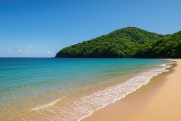 Fototapeta premium Gentle waves caressing a sandy shoreline beneath a vibrant blue sky with verdant mountains in the distance