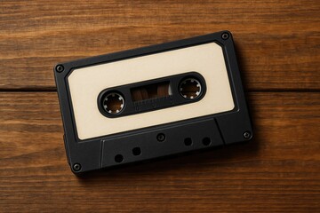 Fototapeta premium Vintage black cassette resting on a wooden surface
