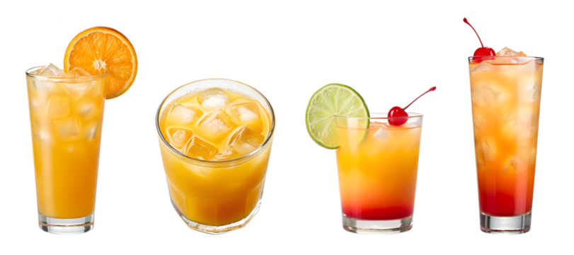 Four vibrant cold drinks with ice are isolated on a transparent background. Each refreshing beverage features fresh fruit garnishes, a clear png.