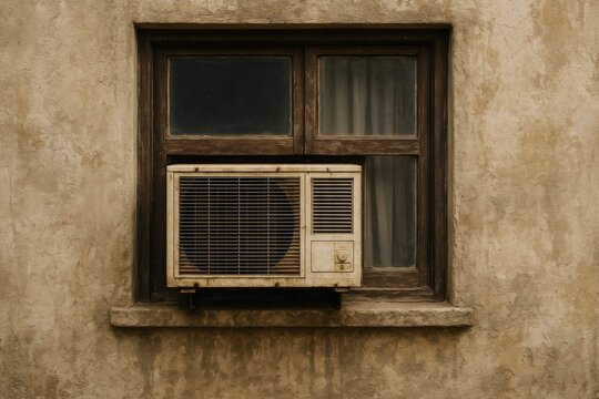 Fototapeta An outdated air conditioning unit installed in a window on a weathered and grimy building exterior