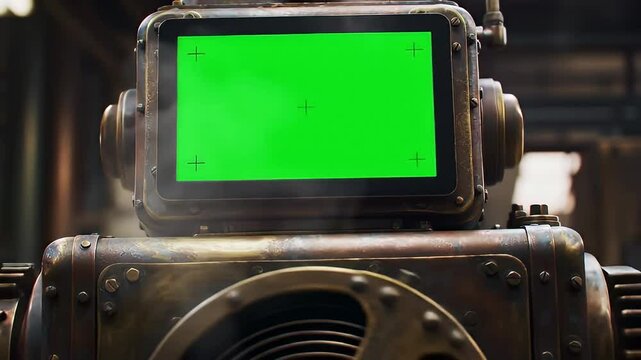Steampunk robot head green screen display