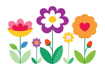 Colorful Flower Garden Pink, Purple, Orange, and Yellow Blossoms with Green Stems and Leaves