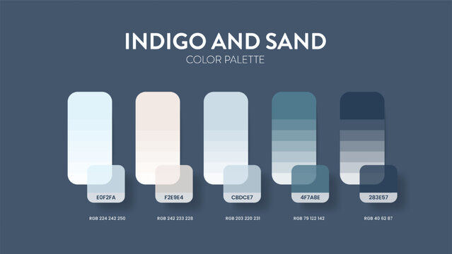 Color palette guide in Indigo and sand colour theme collections. Color inspiration or chart with codes template. Color combination RGB. Colors swatches for graphic design, art, fashion, web, painting.