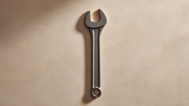 Steel wrench placed vertically on beige background in minimal warm light ideal for toolset visuals, repair concepts, industrial design and hardware maintenance promotions