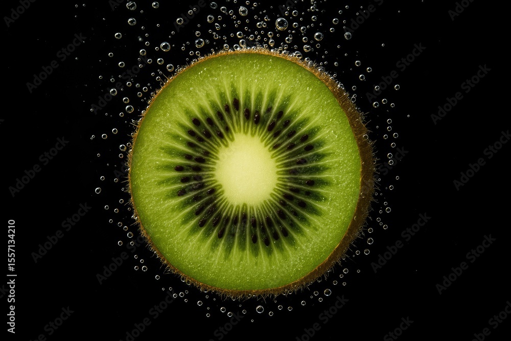 Poster close-up macro of sliced kiwi submerged with bubbles on a dark textured background