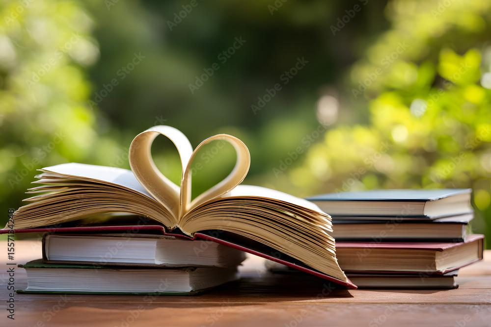 Poster book with opened pages in shape of heart and stacked books on reading desk in a garden. national lib
