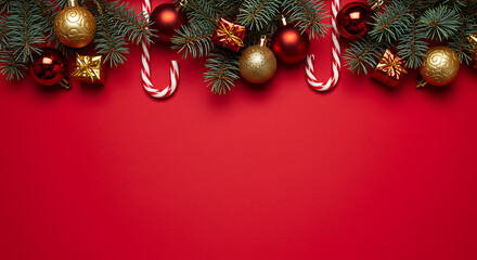 Festive Christmas Border Red Background with Ornaments and Candy Canes
