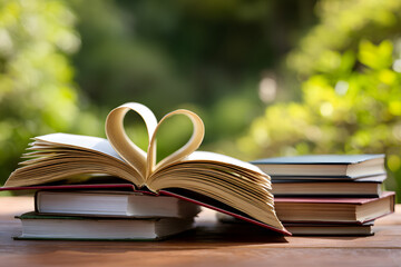 Book with opened pages in shape of heart and stacked books on reading desk in a garden. National library, books lovers day or month. Back to school or education learning background. Copy space