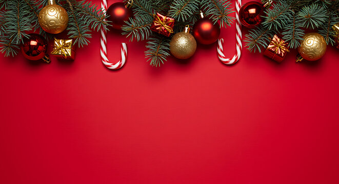 Festive Christmas Border Red Background with Ornaments and Candy Canes