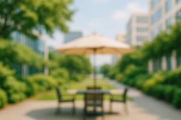 Fototapeta premium Soft-Focused Scene of a Peaceful Outdoor Lounge with a Canopy amidst City Green Spaces and Contemporary Architecture