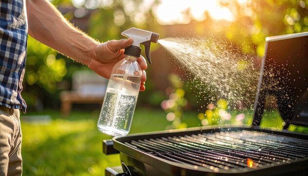 Man Cleaning Backyard Bbq Grill With Spray Bottle