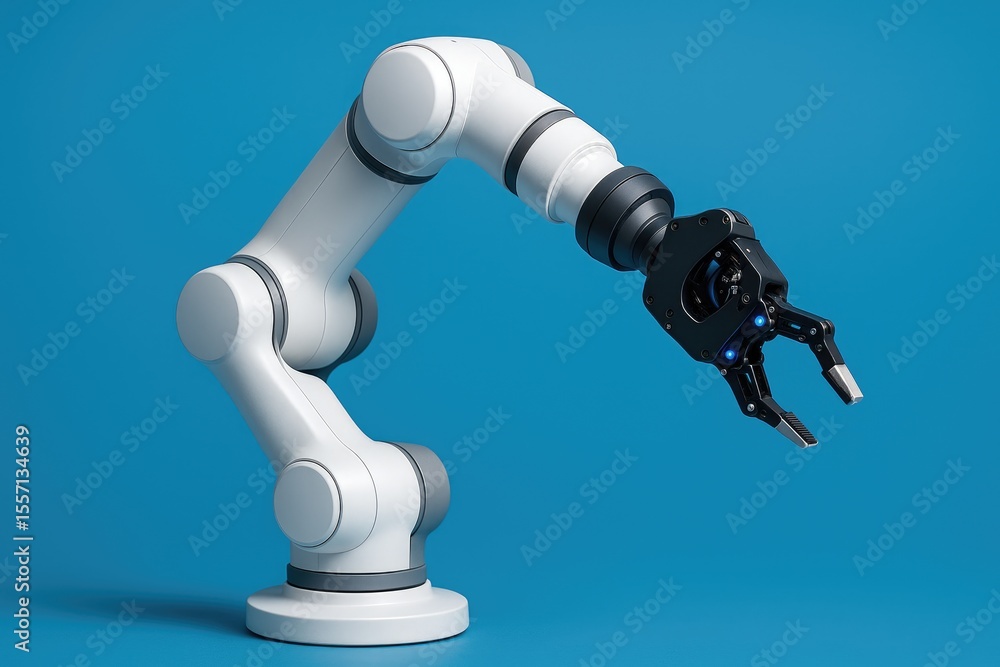 Poster advanced robotic arm for laboratory automation against a blue backdrop