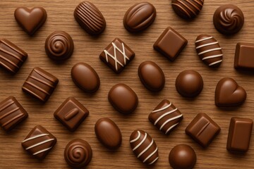 Fototapeta premium A variety of chocolates displayed on a rustic wooden surface