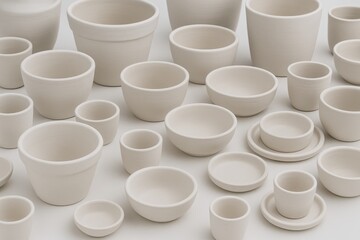 Extensive collection of pottery items in a macro shot