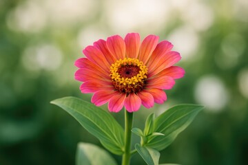 Obraz premium A vibrant bloom with colorful petals set against a gentle, out-of-focus backdrop. The flower's grace, surrounded by slender green foliage, exudes tranquility and charm.