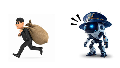 Police Robot Chasing Thief: Illustration for Security, Crime Prevention, and Surveillance Technology. Ideal image for content on future security systems, AI policing, crime countermeasures, enhanced s