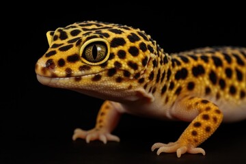 Close-up of a leopard gecko macro shot against a dark background, showcasing a small exotic reptile in its wild state