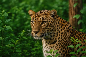 A leopard concealed among dense foliage