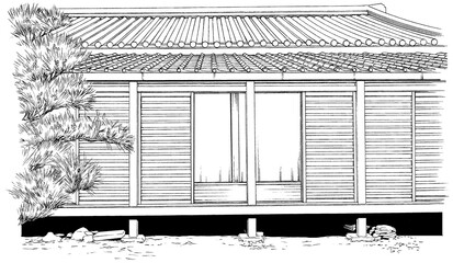 漫画風ペン画イラスト　和風_縁側