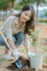Fototapeta premium Young woman planting a tree in a community park, shovel and watering can beside he