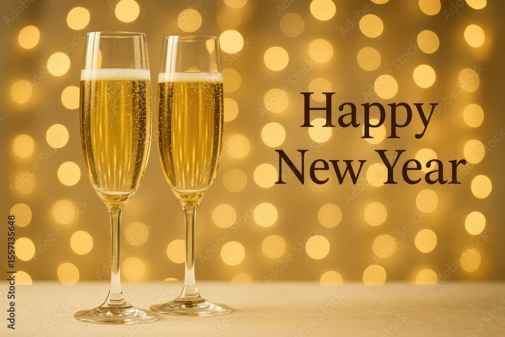 Poster celebrating the new year with sparkling drinks and a vibrant bokeh backdrop, capturing joyful moment
