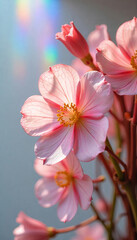 Obraz premium A pink flower with a yellow center, delicate petals, and a soft, translucent quality, set against a blurred background with a hint of rainbow light