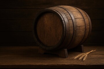 Ancient wooden cask resting on a rustic table