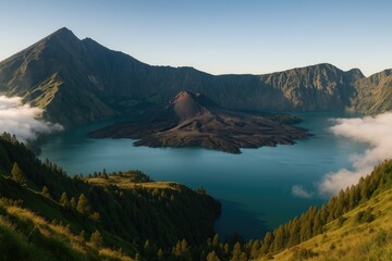 Naklejka premium Exploring the Volcanic Landscape and Hidden Lake in a Famous National Park