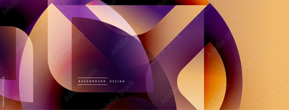 Poster abstract geometric shapes overlap, creating vibrant color gradients. warm tones dominate design, sug
