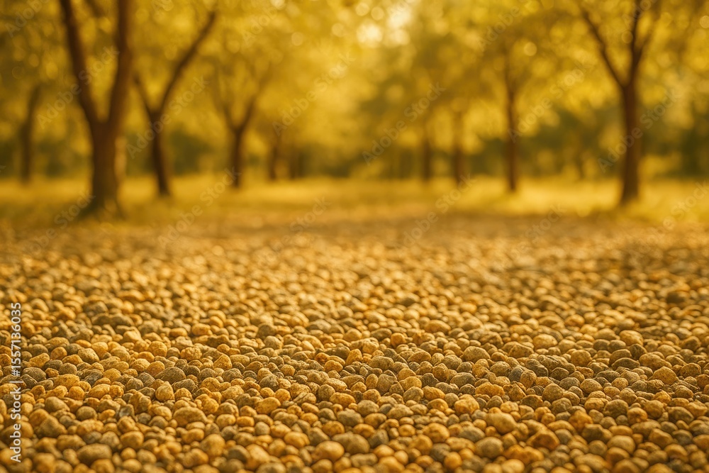 Poster view from below of a gravel path with illuminated trees