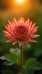 A vibrant protea flower with orange petals and red tips, standing tall on a slender stem, set against a blurred green background