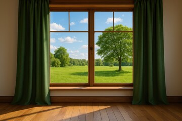 Fototapeta premium Indoor view of a lush green landscape seen through a window with elegant curtains and wooden flooring