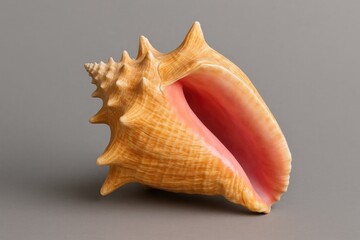 Large edible sea snail shell displayed against a gray background, highlighting marine life and travel souvenirs.