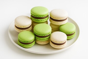 Handcrafted green and white macarons resting on a white dish against a white backdrop
