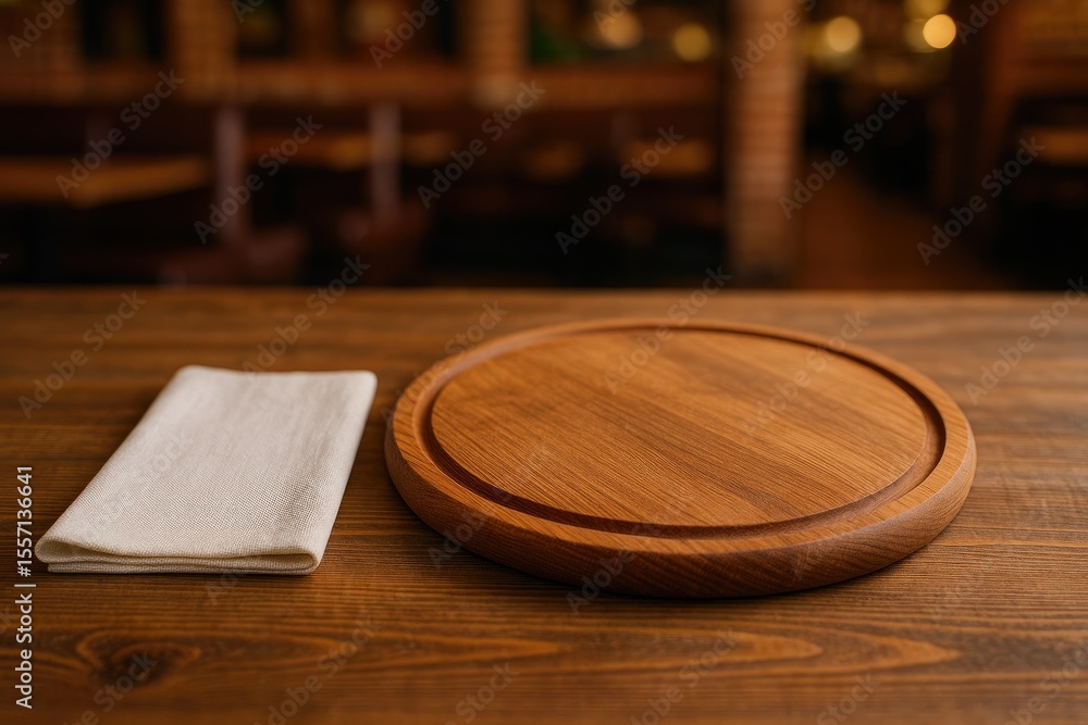 Poster pizza serving setup with napkin and cutting board on rustic wooden surface, close-up view with blurr