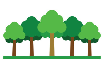 Five Cartoon Trees with Brown Trunks and Green Canopies on a Green Base