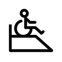 Black line icon of a person in a wheelchair using a ramp, representing accessibility infrastructure and inclusive public space design.
