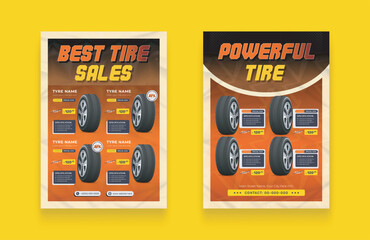 Tire shop flyer bundle with discount offer. Car tire sale flyer, tire catalog. Realistic tires vector illustration template