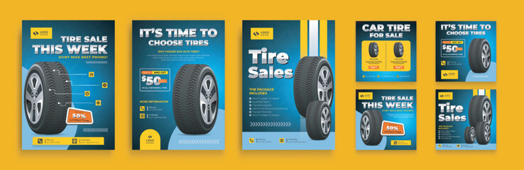 Tire shop flyer and web banner bundle with discount offer. Car tire sale flyer, tire catalog and social media post. realistic tires vector illustration template