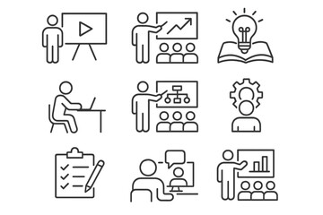  outline icon shaeet Training and Workshop line icon set.