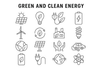 Green & Clean Energy Line Icons: Renewable Power & Eco-Sustainability