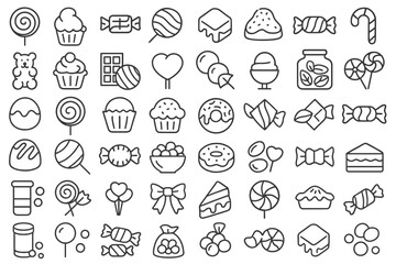 50 Sweets Line Icons: Candy, Lollipop & Sugar Confectionery Editable