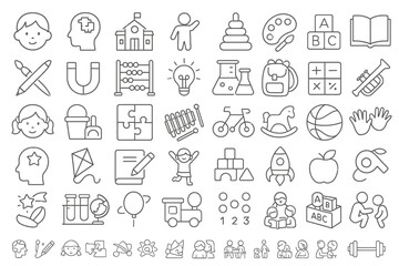 50 Early Learning Line Icons: Children Education & Kids Activity Editable