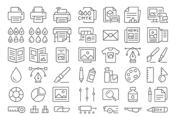  Set of 50 line icons related to print, printing, printer, digital, offset, brochure, catalog, flyer, newspaper, card, t-shirt, design, painting, Editable stroke.