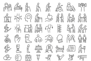 50 Rehabilitation Line Icons: Osteopath, Disability & Therapy Editable Set