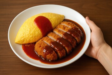 Delicious Chicken and Tomato Fried Rice Enclosed in an Egg Omelet, Served with Crispy Pork Cutlet and Rich Demiglaze Sauce