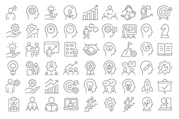 Set of 50 line icons related to skills development, growth, teamwork, hard work, soft skills, training, coaching, success, progress, self learn, Editable stroke.