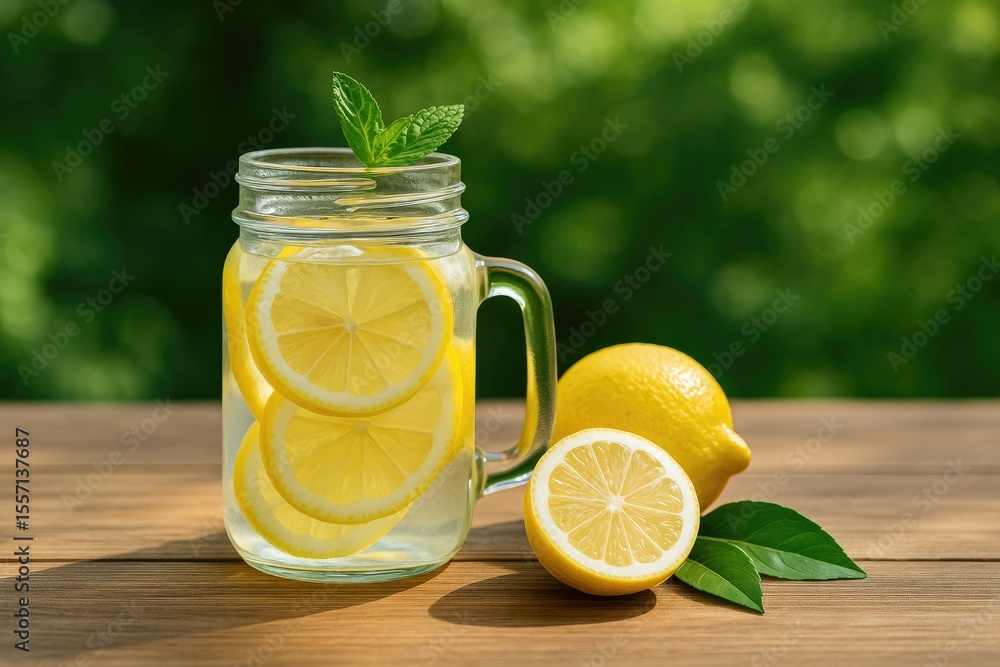 Poster refreshing citrus drink in a jar with fresh lemon slices on a rustic wooden surface, perfect for sum